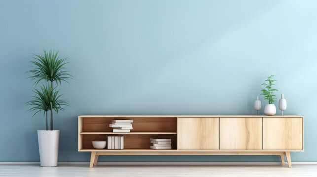 a wooden sideboard in a gleaming living room interior decoration ai generated