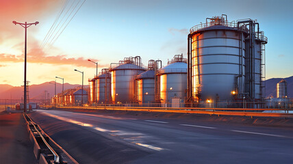 Obraz premium Industrial landscape painting, Oil refinery plant for crude oil industry on desert in evening twilight
