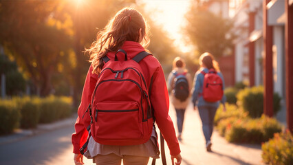 girl with her back turned to school walking with red backpack and sunset sun