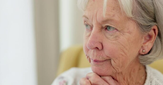 Senior woman, sad face and thinking at home with hands on chin to remember memory in retirement. Serious and upset elderly person at a nursing facility shaking head for negative emotion or Alzheimer