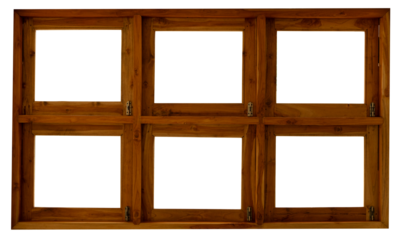 Six paned wooden window with latchs on transparent background