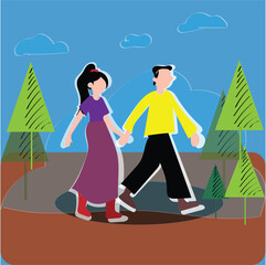 Young guy and girl holding hands walking in summer vector image. Family Time of Joyful Parents Spending Time Together at Park Doing Various Relaxing Activities in Cartoon Flat Illustration for Poster 