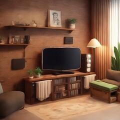 Living Room with Television Set, Accessories, Bookshelf, and Books