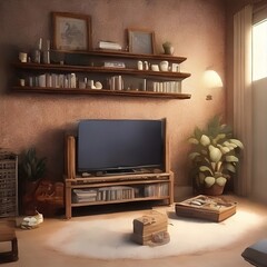 Living Room with Television Set, Accessories, Bookshelf, and Books
