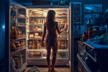 Woman standing in front of an open fridge, looking for a midnight snack..Ai generated
