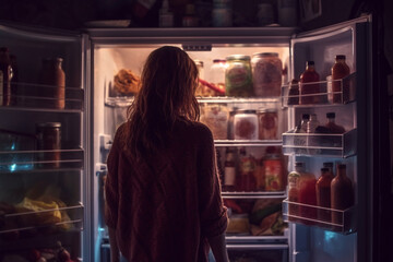 Woman standing in front of an open fridge, looking for a midnight snack..Ai generated
