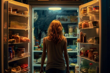 Woman standing in front of an open fridge, looking for a midnight snack..Ai generated
 - obrazy, fototapety, plakaty