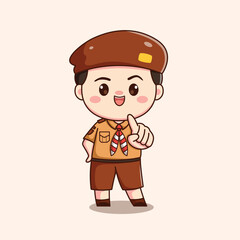 indonesian scout boy with pointing finger cute kawaii chibi character illustration