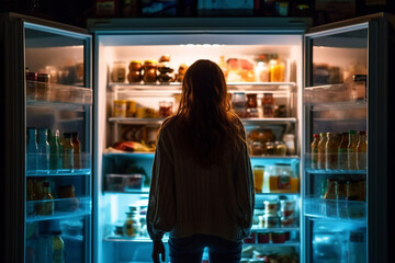 Woman standing in front of an open fridge, looking for a midnight snack..Ai generated
