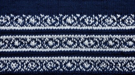 Wool sweater texture of blue color with white border. Natural knitted wool indigo color material with white ornament. Horizontal or vertical background with knitted fabric texture Generative AI