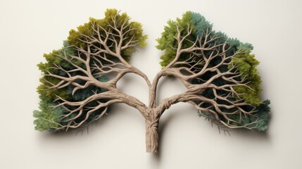 The lungs are in the shape of branches, one half is green, the other half is dried up. Concept green environment. Generative AI