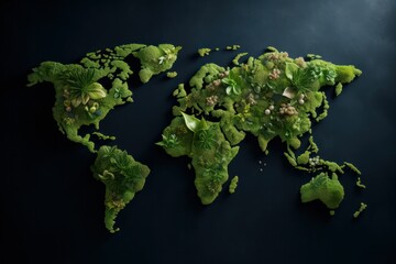 The world map is made of greenery. The concept of ecology and green environment. Generative AI