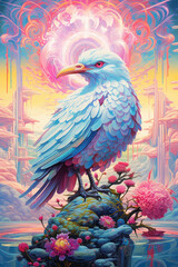 intricate psychedelic landscapes, hyper-realistic bird studies, pink, blue and cyan, cyberpunk