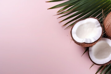 coconuts on pink background. top view. copyspace. Pop art design. Half of coconut in minimal flat...