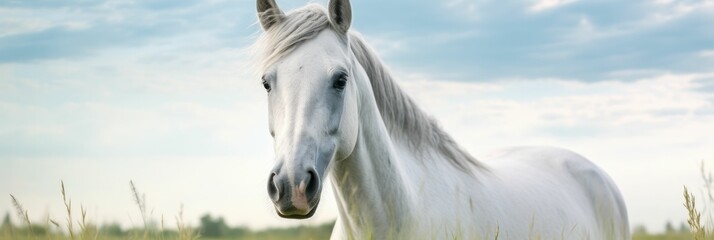 White horse with long mane in green field against sky Banner. Generative AI