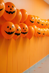 holidays, decoration and party concept - scary air balloons for halloween. trick or treat. orange and cheerful