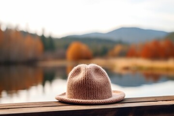 wool winter hat on a wood Generative AI