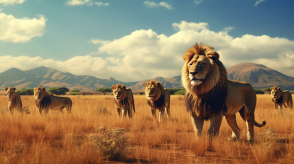 Group of lions on the savanna. Generative AI