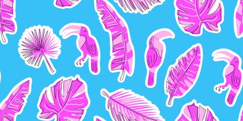 Pink tropical leaves on a bright bare background. Seamless pattern, flat style. Vector. Ideal for textiles, wallpapers, stationery, and more