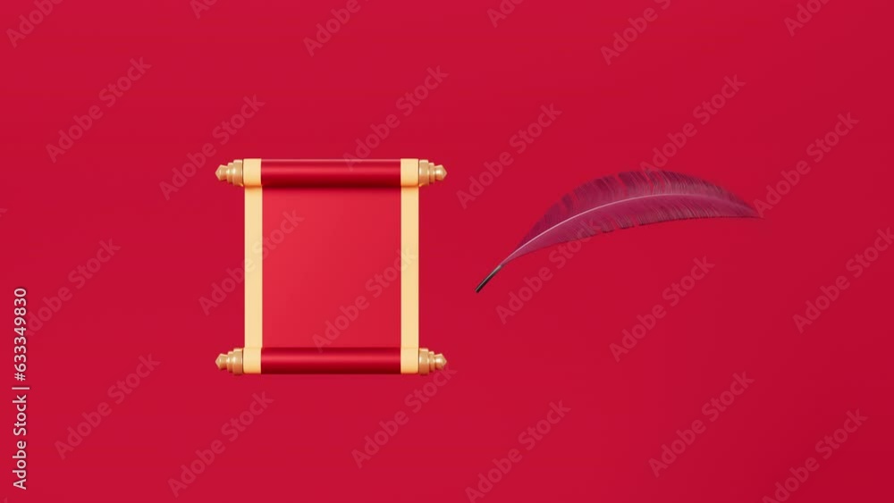 Poster red empty opening scroll and feather on the red background, spring festival theme, 3d rendering.