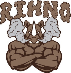 angry running brown rhinoceros, color vector illustration