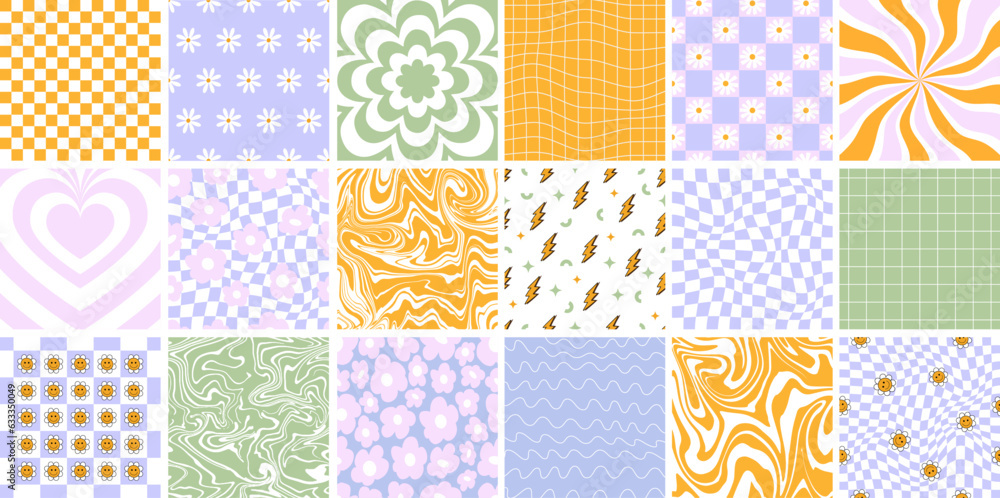 Wall mural vector groovy seamless patterns and backgrounds. set of vector backgrounds in trendy retro trippy y2