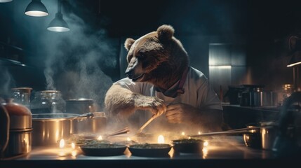 A bear chef preparing gourmet dishes in a high-end restaurant kitchen. Generative AI