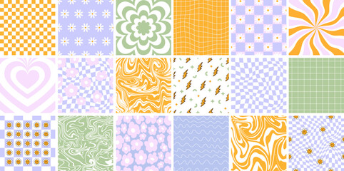 Vector Groovy seamless patterns and backgrounds. Set of vector backgrounds in trendy retro trippy y2k style. Lilac and green colors. Fun hippie texture for surface design. - 633350049
