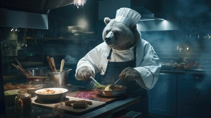 A bear chef preparing gourmet dishes in a high-end restaurant kitchen. Generative AI