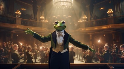 A frog conductor leading an orchestra in a grand music hall. Generative AI