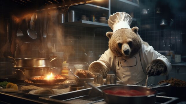 A bear chef preparing gourmet dishes in a high-end restaurant kitchen. Generative AI