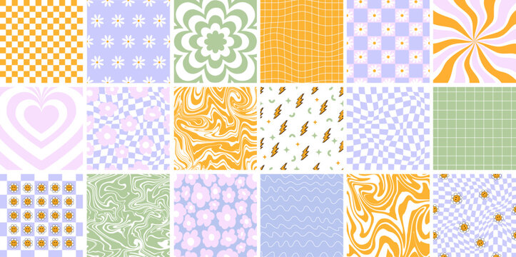 Vector Groovy seamless patterns and backgrounds. Set of vector backgrounds in trendy retro trippy y2k style. Lilac and green colors. Fun hippie texture for surface design.