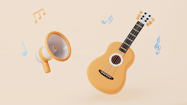 Cartoon guitar and loudspeaker in the yellow background, 3d rendering.