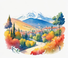 Beautiful nature landscape mountains village watercolor illustration. Generative AI
