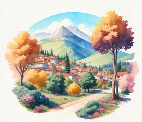Beautiful nature landscape village watercolor illustration. Generative AI