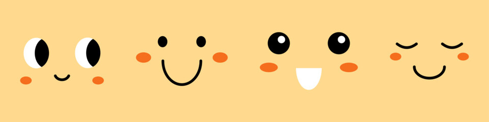 Vector set of cute smiling faces. Kawaii face collection. Cute emoticons in flat design. Cute happy kawaii faces with blush.