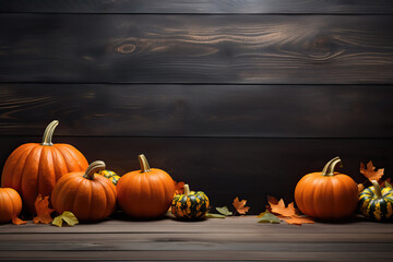 pumpkins on wooden table with wooden background, ai generated