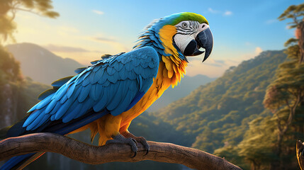 Blue and Yellow Macaws in the morning sun. Generative AI