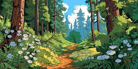 Panoramic view of beautiful nature landscape, forest trail. Colorful cartoon style illustration. Generative AI