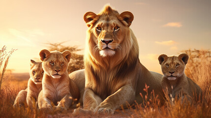 Group of lions on the savanna. Generative AI