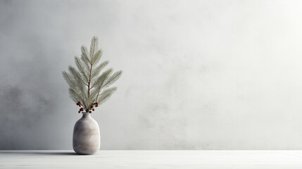 Generative AI, fir branch in a vase against the background of a plain light wall, New Year's minimalistic decor, Scandinavian-style Christmas interior, space for text