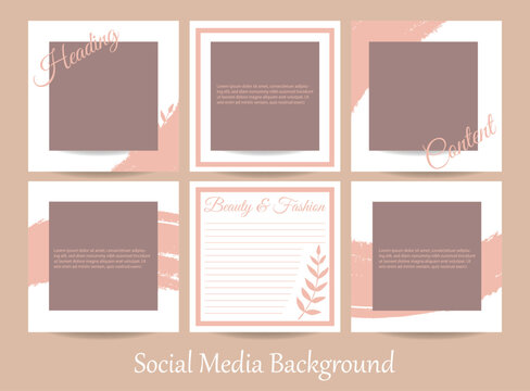 Minimalist abstract social media story post feed background or web banner template. Pink nude pastel watercolor vector texture frame mock-up for beauty, jewelry, cosmetics, wedding, makeup