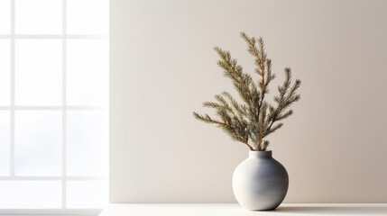 Generative AI, fir branch in a vase against the background of a plain light wall, New Year's minimalistic decor, Scandinavian-style Christmas interior, space for text