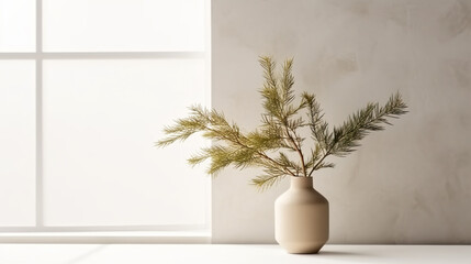 Generative AI, fir branch in a vase against the background of a plain light wall, New Year's minimalistic decor, Scandinavian-style Christmas interior, space for text