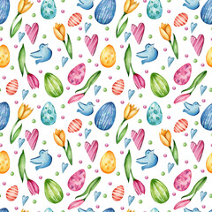 Seamless watercolor pattern. Hand drawn colored Easter eggs, tulips, bird isolated on white background. Easter, holidays, design for wrapping paper.