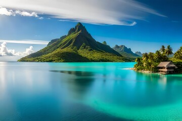 The tranquil Bora Bora lagoon is surrounded by verdant hills, creating a natural amphitheater of beauty