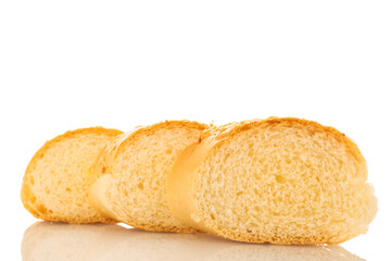 Three slices of fragrant bun sprinkled with sesame seeds, close-up, isolated on white.