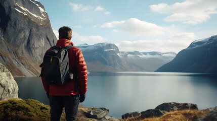 Hiker with backpack near the moutains © Gary