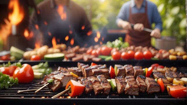 Barbeque grill with delicious grilled meat and vegetables on blurred party background