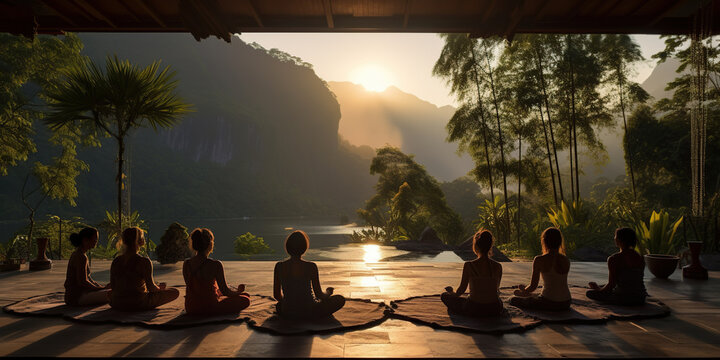 serene yoga retreat with practitioners gracefully engaged in poses amidst tranquil surroundings, finding peace and balance. Generative AI